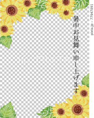 ひまわりの水彩暑中見舞い手書きテンプレートのイラスト素材