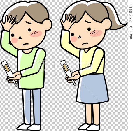 Women and men measuring temperature due to poor physical condition 77948916