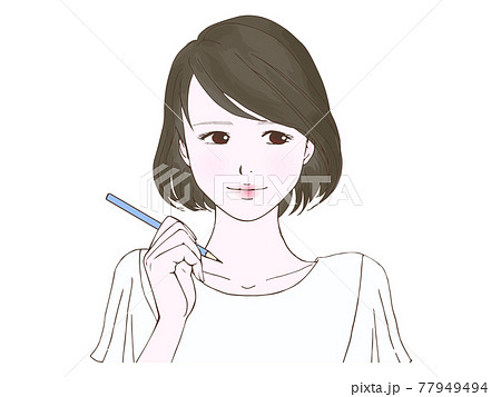 鉛筆を持つ、横目の夏服の女性のイラスト素材 [77949494] - PIXTA