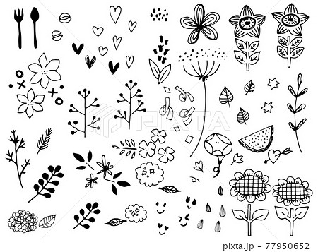 かわいい夏の植物と小物の手書きラフセットのイラスト素材