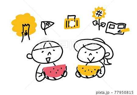 夏にスイカを食べる男の子と女の子のイラスト素材