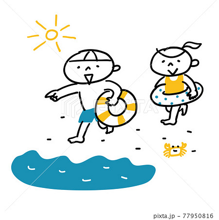 海に入ろうとしている水着姿の男の子と女の子 海に入ろうとしている水着姿の男の子と女の子 77950816