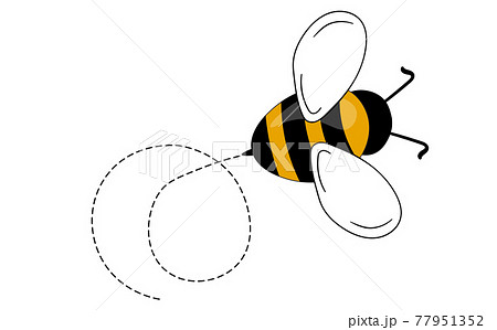 Cartoon bee mascot. A small bees flying on a dotted route. Wasp collection. Vector characters. Incest icon. Template design for invitation, cards. Doodle style 77951352