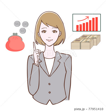 スーツを着た指差しポーズの女性と資産アップのイラストのイラスト素材