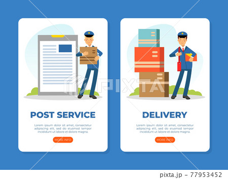 Landing Page with Mail Carrier or Mailman as Employee of Postal Service Delivering Mail and Parcels to Residence Vector Template 77953452