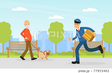 Mail Carrier or Mailman as Employee of Postal Service Delivering Mail and Parcel to Residence Vector Illustration Mail Carrier or Mailman as Employee of Postal Service Delivering Mail and Parcel to Residence Vector Illustration 77953462