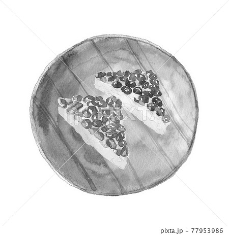 水墨画風水彩画：モノトーン 和皿に初夏の京の和菓子「水無月」小豆 白バック 77953986