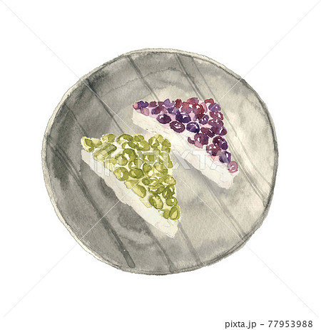 水彩画：和皿に初夏の京の和菓子「水無月」小豆とうぐいす豆 白バック 77953988