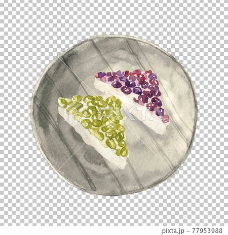 水彩画：和皿に初夏の京の和菓子「水無月」小豆とうぐいす豆 白バック 77953988