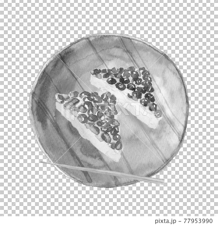 水墨画風水彩画：モノトーン 和皿に初夏の京の和菓子「水無月」楊枝付き 小豆白バック 77953990