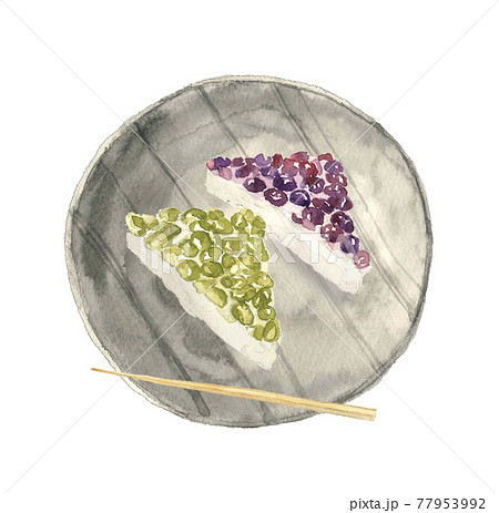 水彩画：和皿に初夏の京の和菓子「水無月」楊枝付き 小豆とうぐいす豆 白バック 77953992