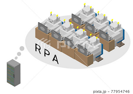 アイソメトリックなサーバー内で稼働しているたくさんのRPAロボットのイメージ 77954746