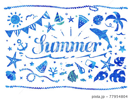 水彩風の夏イラストセット 青 のイラスト素材