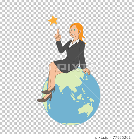 Smiling Caucasian business woman sitting on the globe 77955261