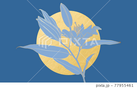 Luxurious art deco golden lily flower linear drawing and gold foil moon on blue 77955461
