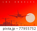 A commercial airliner landing at Los Angeles airport during the sunset. Original vector illustration 77955752