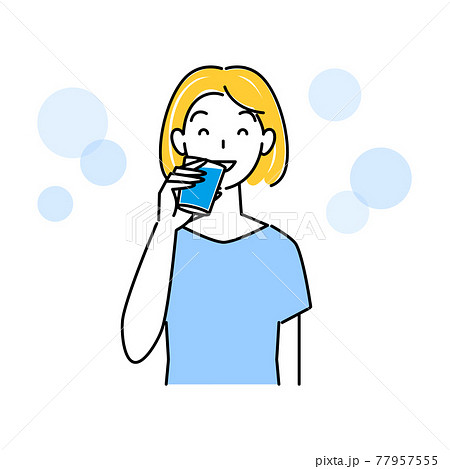 熱中症対策 水分補給をしている可愛い女性 イラスト シンプル ベクターのイラスト素材