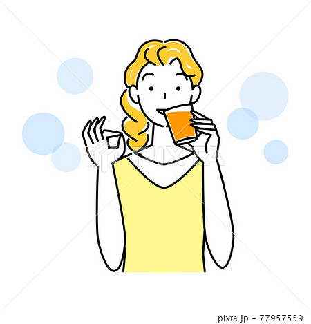熱中症対策 水分補給の為にオレンジジュースを飲んでいる可愛い女性 イラスト シンプル ベクターのイラスト素材