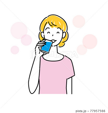 熱中症対策 水分補給をしている可愛い女性 イラスト シンプル ベクターのイラスト素材