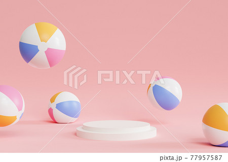 Podium or pedestal for products or advertising with inflatable beach balls on pink background, summer minimal 3d illustration render 77957587
