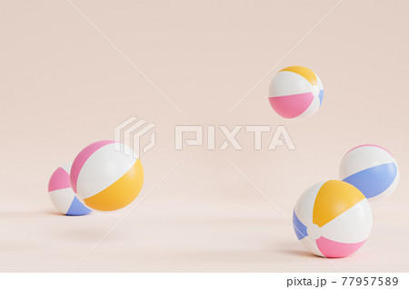 Summer beige background with inflatable beach balls, copy space, minimal 3d illustration render 77957589