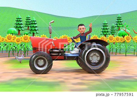 Farmer child rides a tractor across sunflower field, cartoon style 3d rendering 77957591