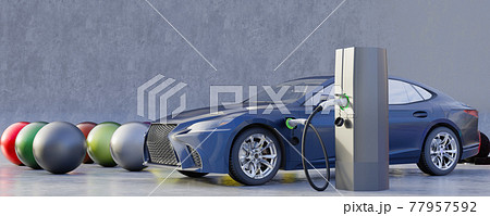 Blue electric car with charging station, 3d rendering 77957592