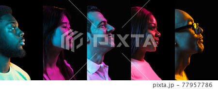 Portrait of group of people on black background in multicolored neon light, collage. Portrait of group of people on black background in multicolored neon light, collage. 77957786