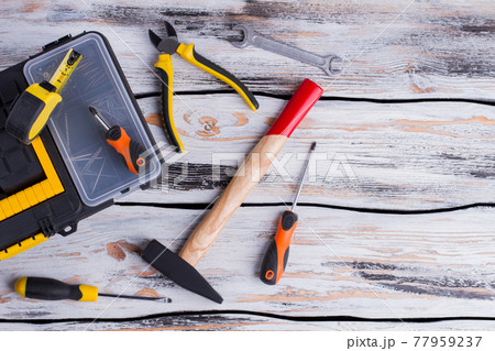 Mechanic tool set on wooden background. Mechanic tool set on wooden background. 77959237