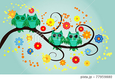 Four green owls, two sleeping, two awake on a fantastic tree branch, decorated with flowers. Four green owls, two sleeping, two awake on a fantastic tree branch, decorated with flowers. 77959880