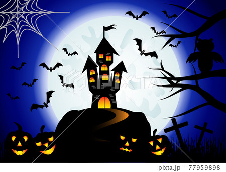 Halloween. Castle on the dais, full moon, night landscape. 77959898