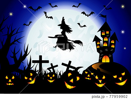 Halloween. Castle on the dais, full moon, night landscape. Halloween. Castle on the dais, full moon, night landscape. 77959902