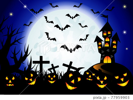 Halloween. Castle on the dais, full moon, night landscape. Halloween. Castle on the dais, full moon, night landscape. 77959903