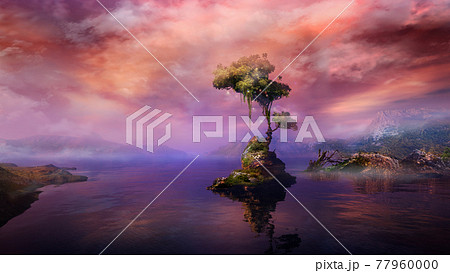 Magical landscape with a tree on a mountain lake island, 3D render. Magical landscape with a tree on a mountain lake island, 3D render. 77960000