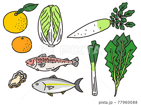 冬の食材 旬の野菜と魚のセットのイラスト素材