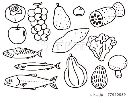 秋の食材　旬の野菜と魚のセット　線のみ 77960089