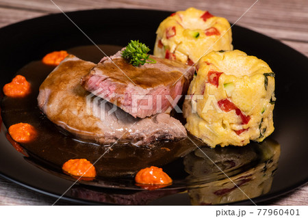 Recipe for roasted veal in butter, piquillo pesto, canele of polebta with crunchy vegetables, honey Recipe for roasted veal in butter, piquillo pesto, canele of polebta with crunchy vegetables, honey 77960401