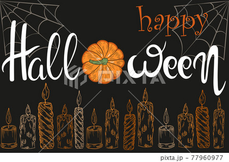 Happy Halloween lettering, vector. Banner with an inscription, pumpkin and candles. Halloween autumn holiday attributes on black background. 77960977