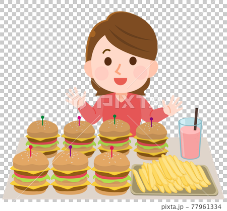 大食いでハンバーガーを大量に食べる女性 イラストのイラスト素材