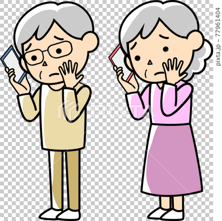 Senior women and senior men consult by phone due to fever Senior women and senior men consult by phone due to fever 77961404