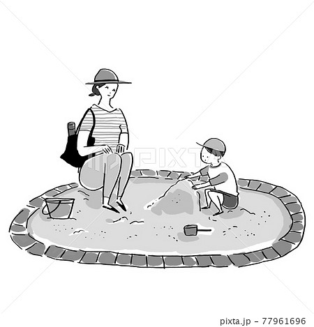 砂場で遊ぶ子供 男の子 と見守る女性 お母さん 母親 のイラスト素材 77961696 Pixta