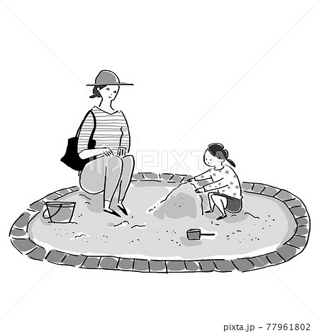 砂場で遊ぶ子供 帽子なし女の子 と見守る女性 お母さん 母親 のイラスト素材