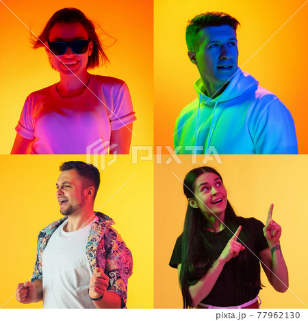 Portrait of group of people on multicolored background in neon light, collage. 77962130