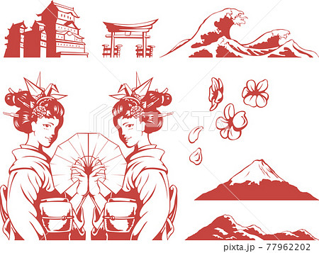 Silhouette Japan Wave Geisha Shrine Black Illustration Outline Drawing 77962202