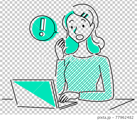 パソコン操作で気がつく女性のシンプル線画イラストのイラスト素材
