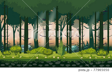 Forest landscape horizontal seamless background for games apps, design. Nature woods, trees, bushes, flora, vector 77965050