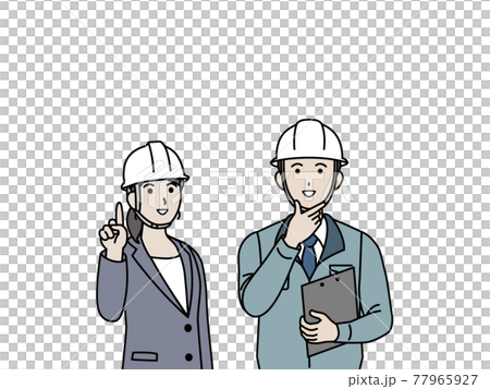 Look up, point to the top, on-site supervisor, employee, manufacturing industry, men and women, copy space, illustration material 77965927