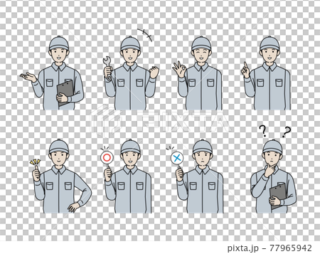 承包商機械師穿著工作服的男士姿勢手勢變化集插圖素材 77965942