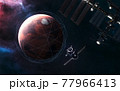 Red planet of solar system. Mars. Visualization of satellite orbits. Space stations blurred in motion. 3D render 77966413