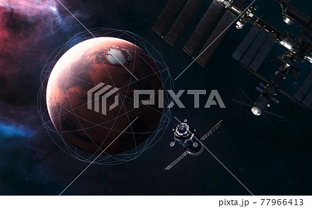Red planet of solar system. Mars. Visualization of satellite orbits. Space stations blurred in motion. 3D render 77966413